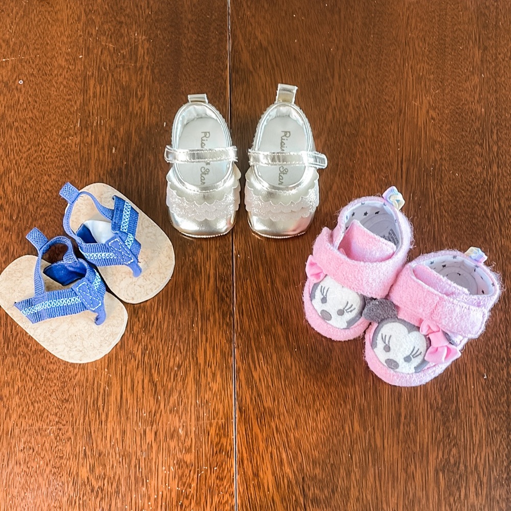 3 NB to 6 month shoes bundle lot baby girl Disney sandal gold fancy casual